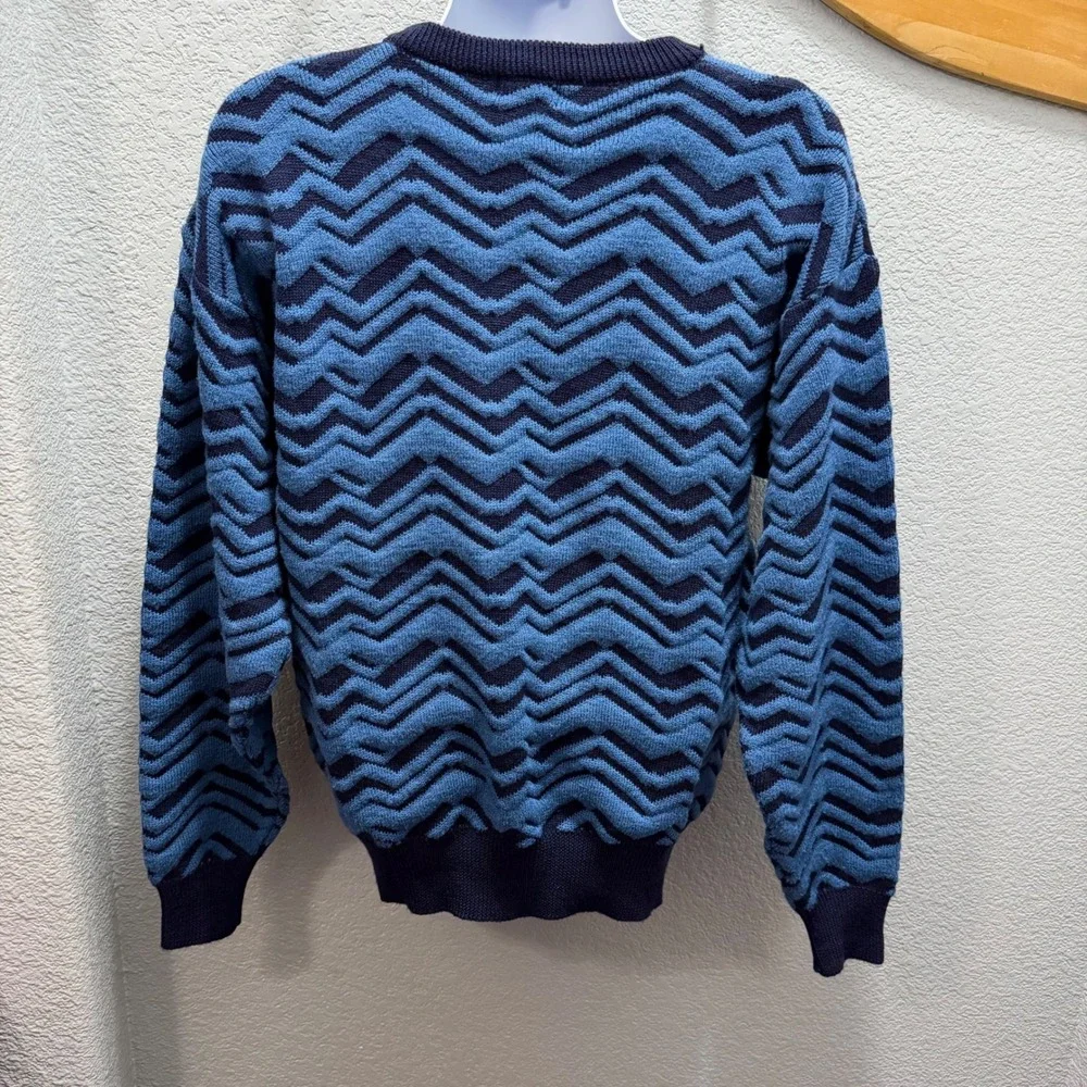 Vtg Neiman Marcus Mens XL Blue Black Zig Zag Knit Sweater Long Sleeve‎ 100% Wool
